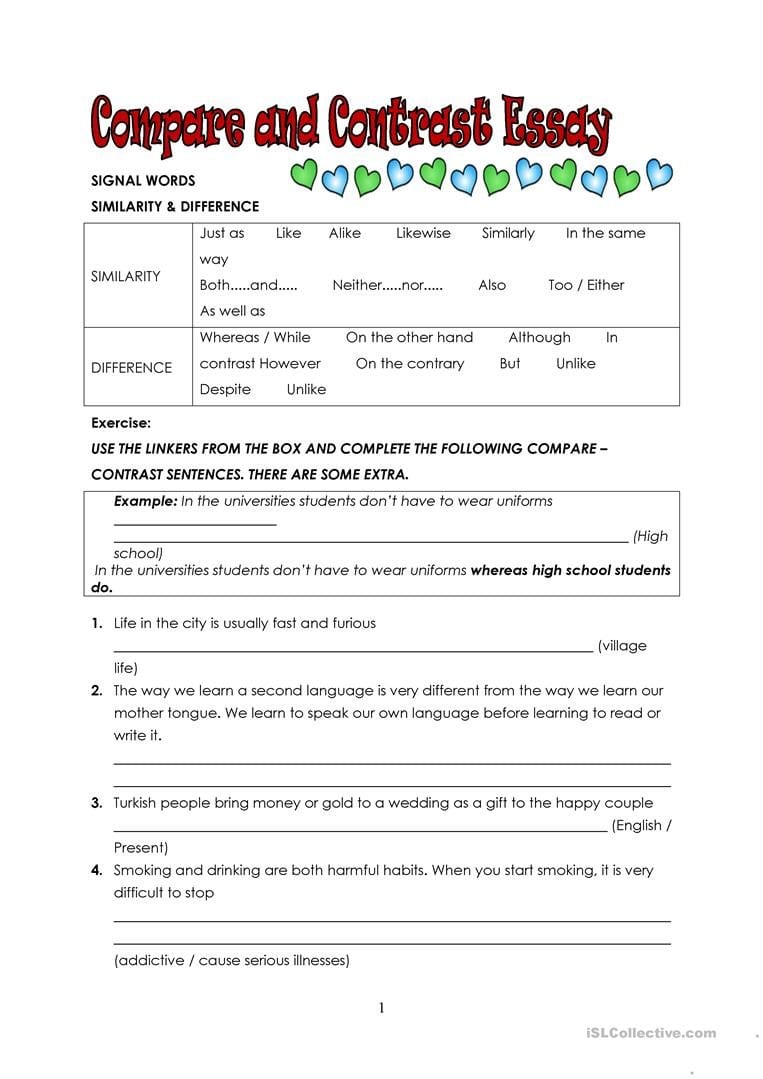 Compare And Contrast Essay Intro  English Esl Worksheets As Well As Free Compare And Contrast Worksheets For Kindergarten