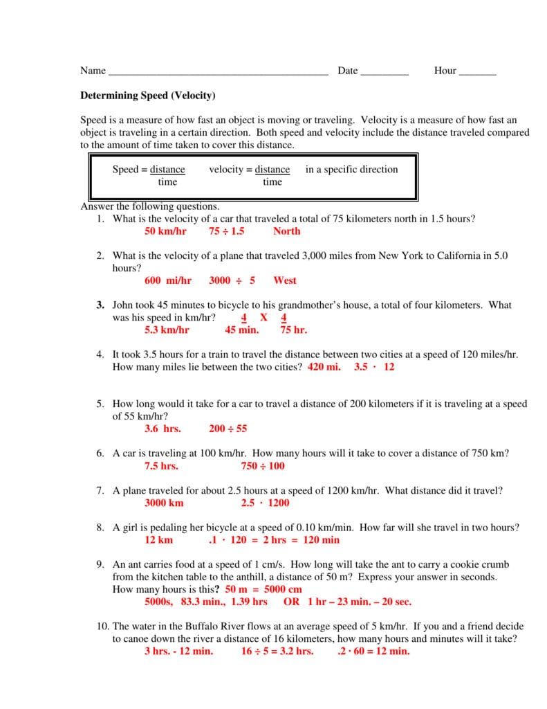 Determining Speed Velocity Regarding Velocity Worksheet With Answers