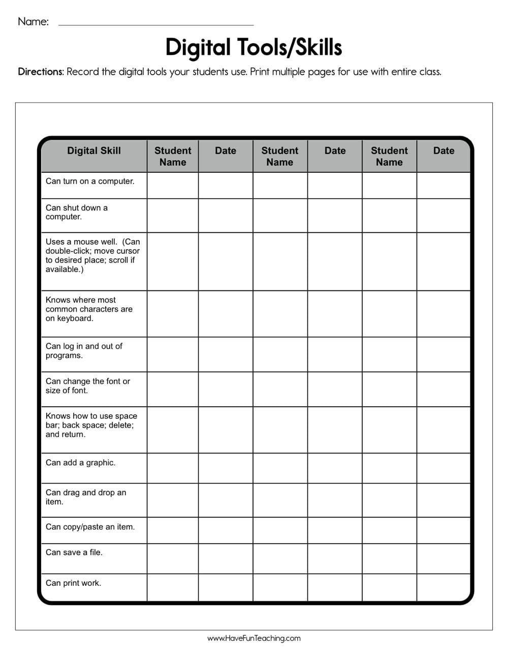 Digital Tools Skills Assessment Worksheet  Have Fun Teaching For Skills Assessment Worksheet