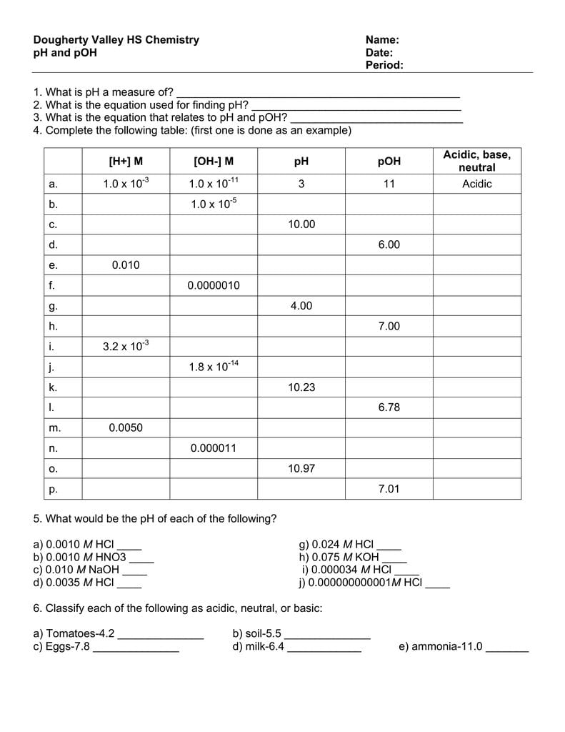 Dougherty Valley Hs Chemistry Name Ph And Poh Or Ph And Poh Worksheet