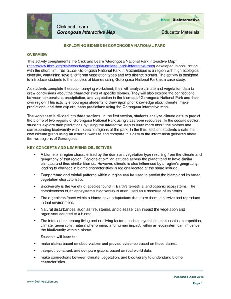 Educator Materials Click And Learn Gorongosa Regarding Exploring Biomes Worksheet Answers