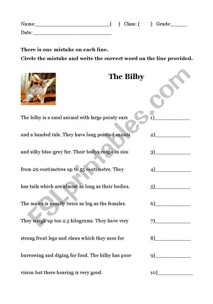 English Worksheets Proofreading The Bilby Inside Proofreading Worksheets Pdf