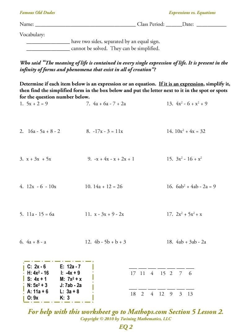 Eq02 Expressions Vs Equations  Mathops Along With Equations With Variables On Both Sides Worksheet