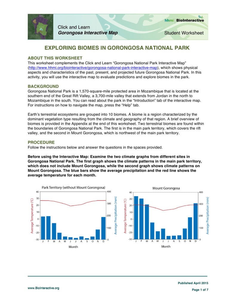 Exploring Biomes In Gorongosa National Park In Exploring Biomes Worksheet Answers