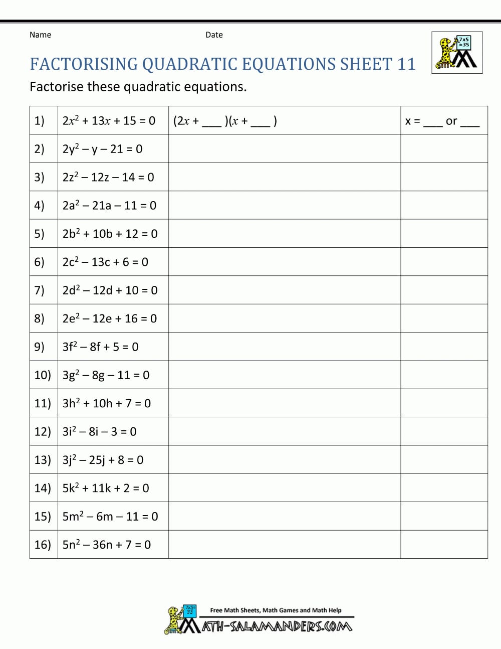 Factoring Quadratic Equations Intended For Solving Using The Quadratic Formula Worksheet Answer Key