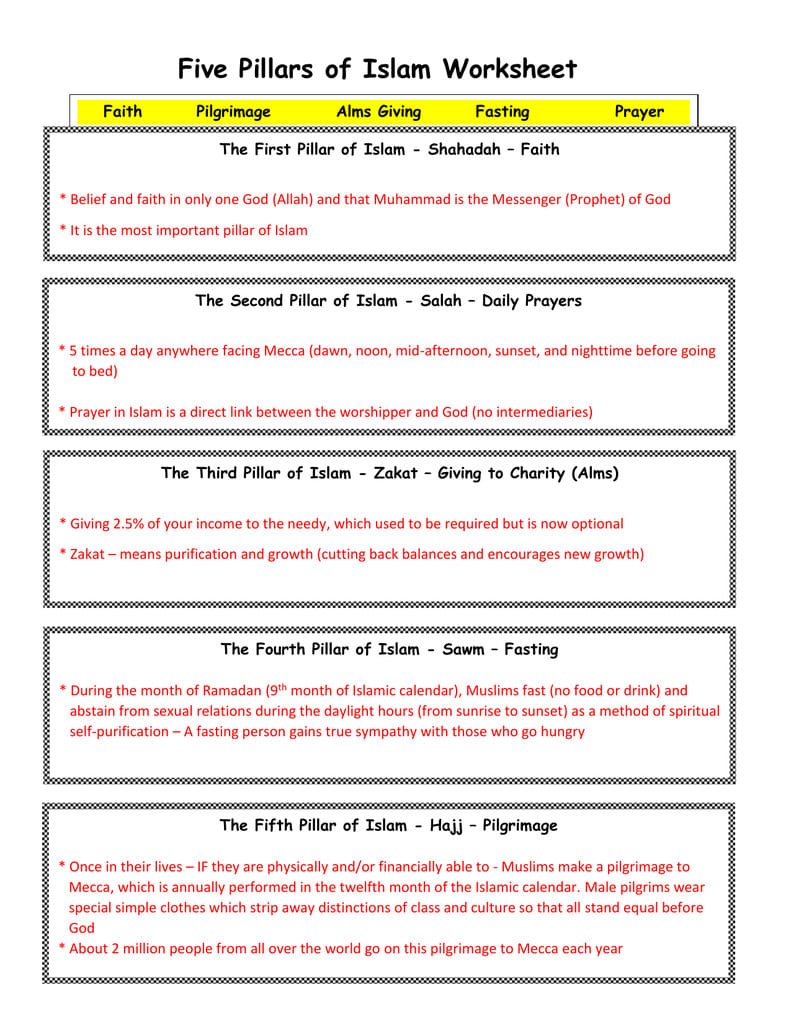 Five Pillars Of Islam Worksheet Or Five Pillars Of Islam Worksheet