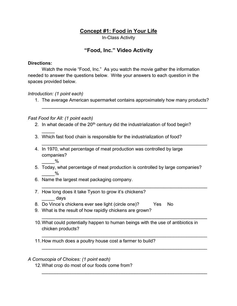 Food Inc” Video Activity Or Food Inc Movie Worksheet