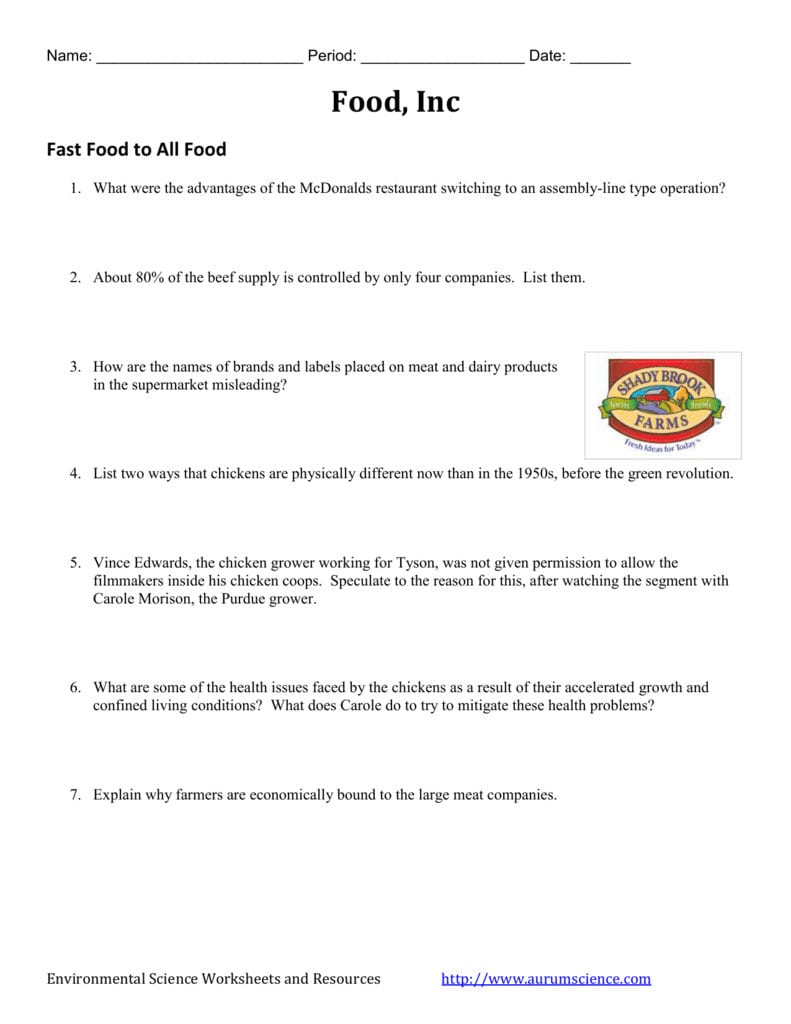Food Inc  Video Worksheet For Food Inc Movie Worksheet
