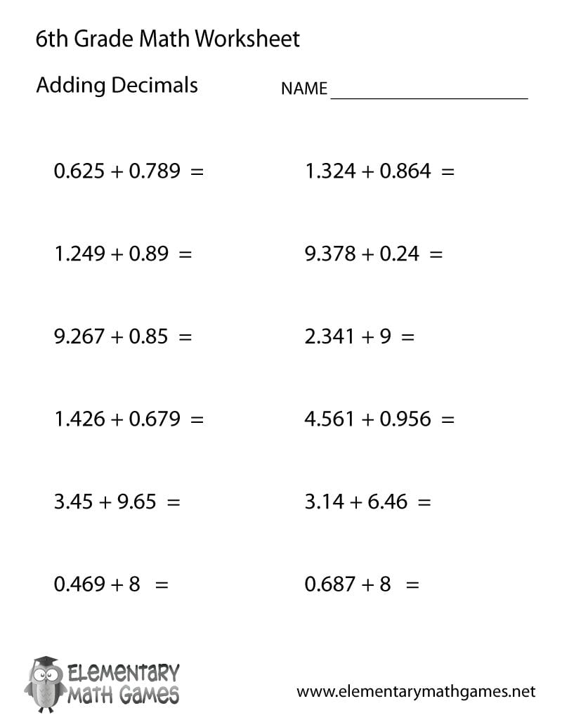 Free Printable Adding Decimals Worksheet For Sixth Grade As Well As Sixth Grade Worksheets
