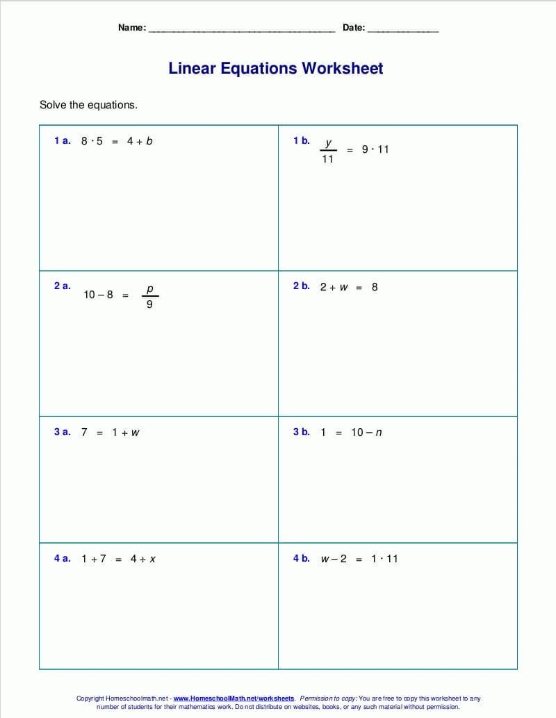 Free Worksheets For Linear Equations Grades 69 Pre For Equations With Variables On Both Sides Worksheet