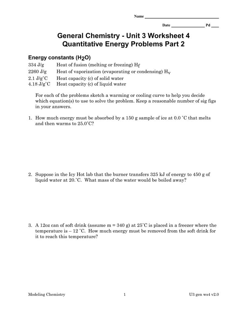 General Chemistry  Unit 3 Worksheet 4 Energy Constants H2O And Unit 3 Worksheet 5 Quantitative Energy Problems Answers