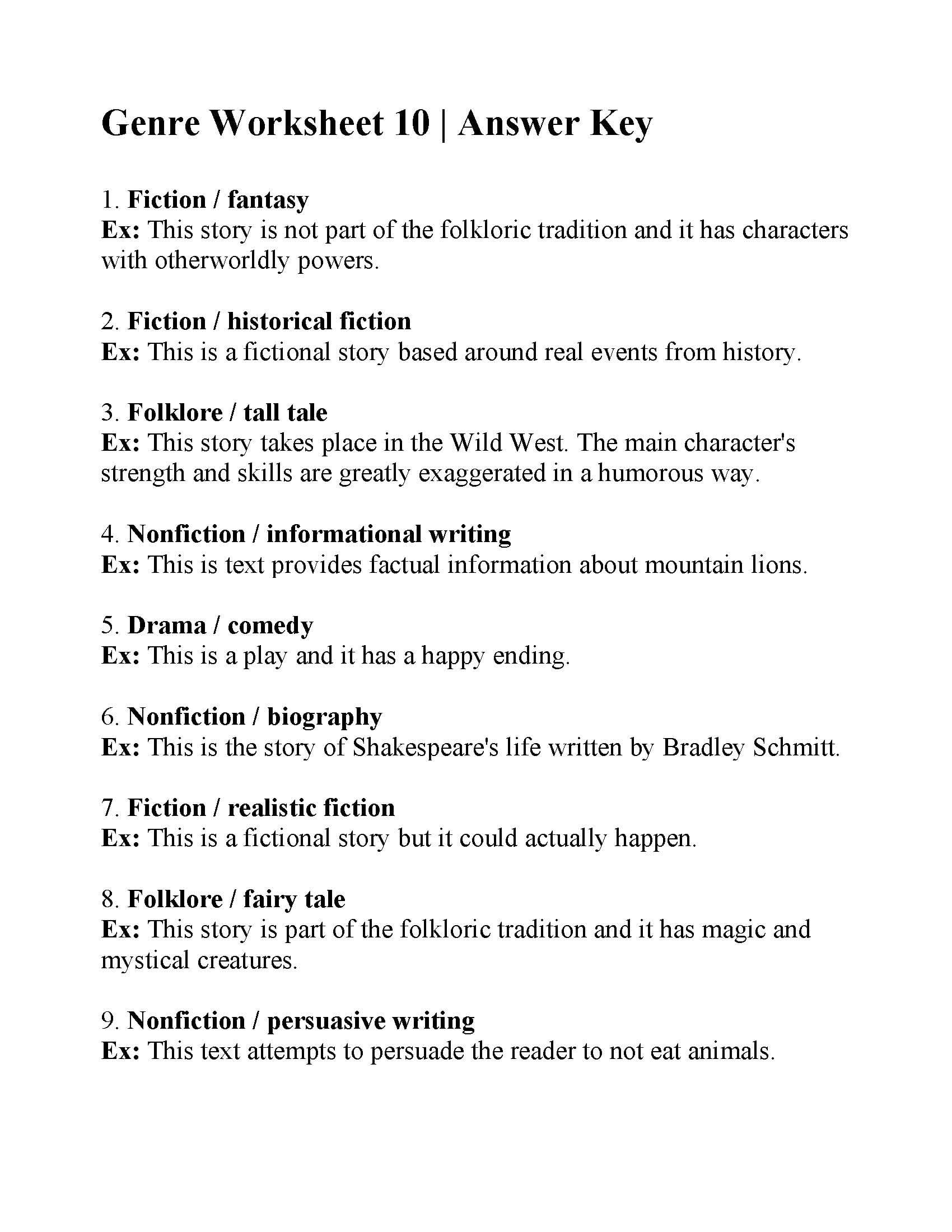 Genre Worksheet 10  Answers Pertaining To Identifying Genre And Subgenre Worksheet