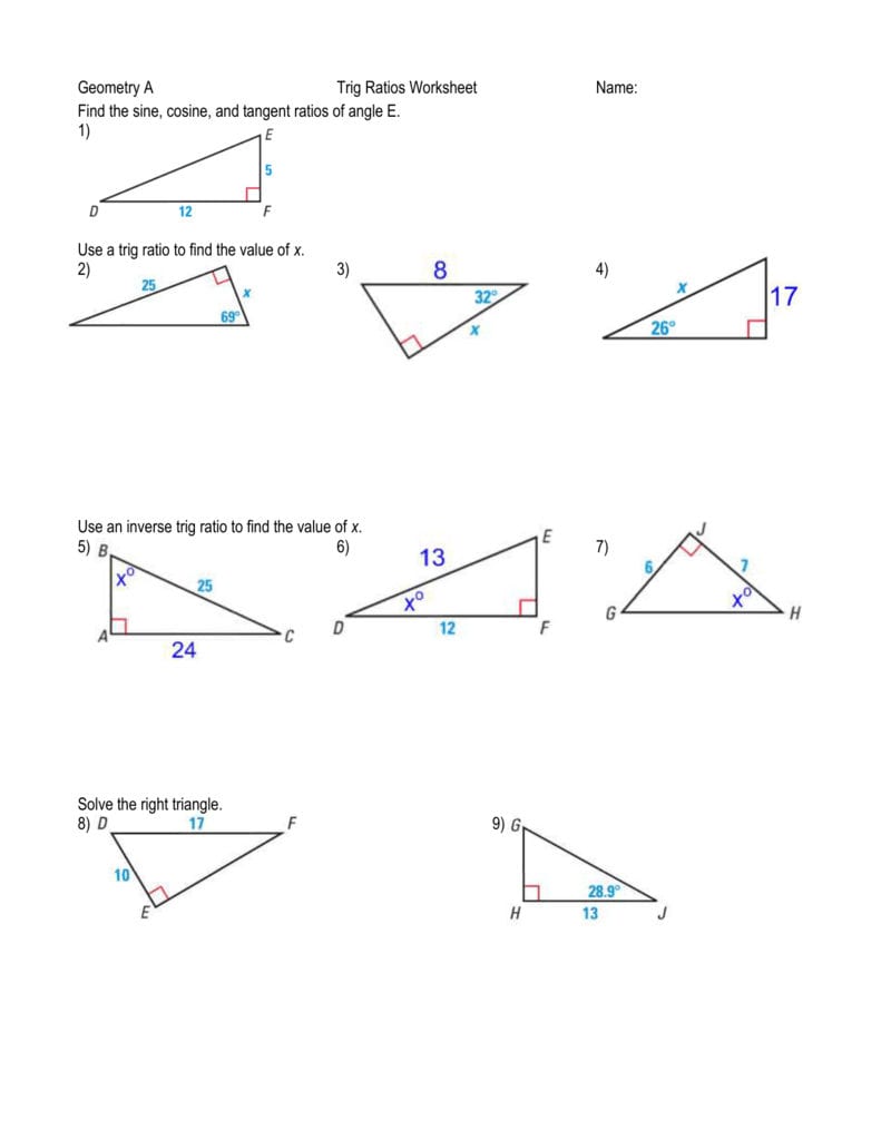 Geometry A Trig Ratios Worksheet Name Find The Sine Cosine Along With Trigonometry Ratios In Right Triangles Worksheet
