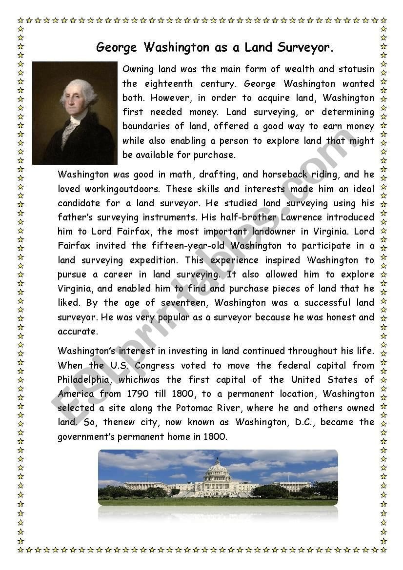 George Washington As Land Surveyor  Esl Worksheetmariya2802 Regarding George Washington Worksheets