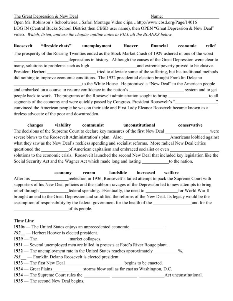 Great Depression And New Deal Video Worksheet 2 Within The Great Depression Worksheet Answer Key