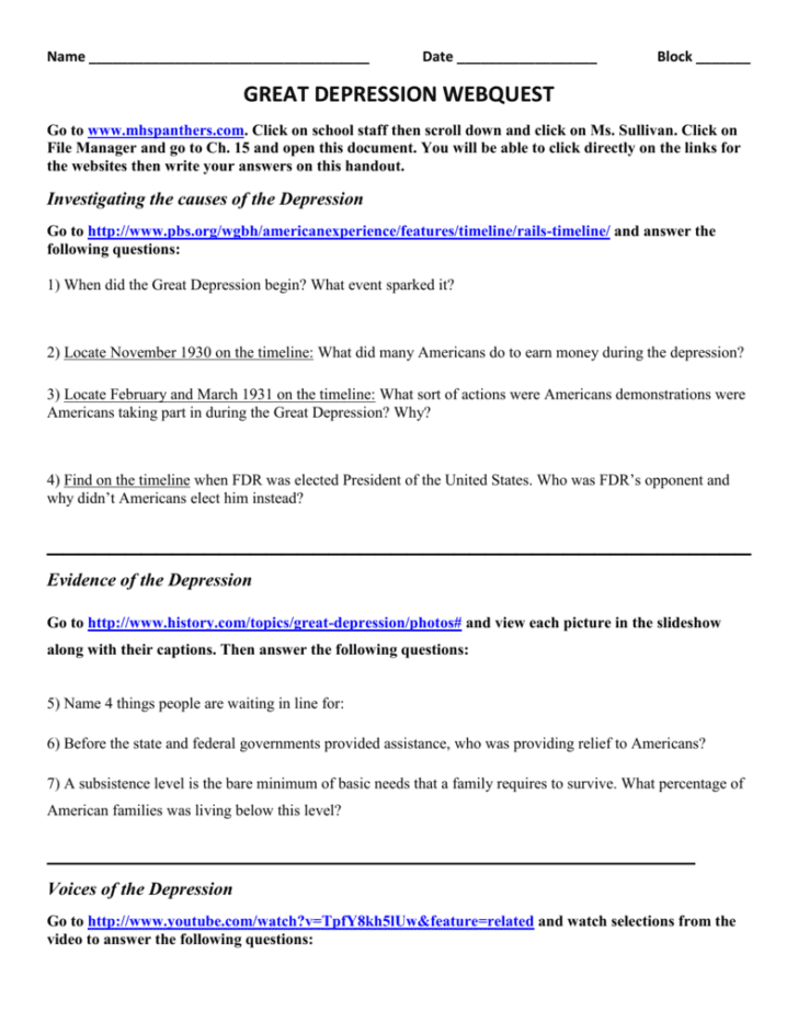 The Great Depression Worksheet Answer Key Excelguider