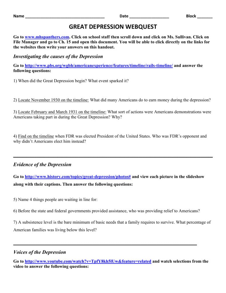 Great Depression Webquest As Well As The Great Depression Worksheet Answer Key