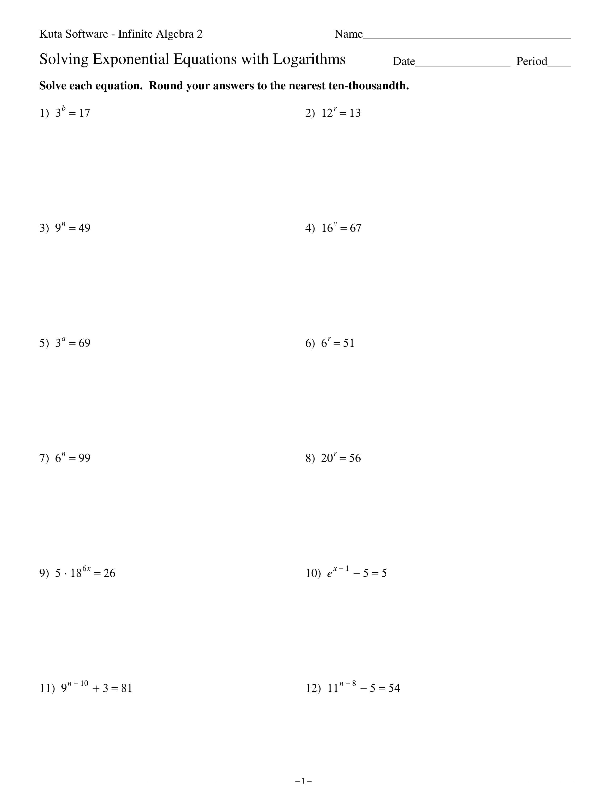 Hw Solving Exponential Equations With Logarithms  Algebra Pertaining To Solving Exponential Equations With Logarithms Worksheet Answers