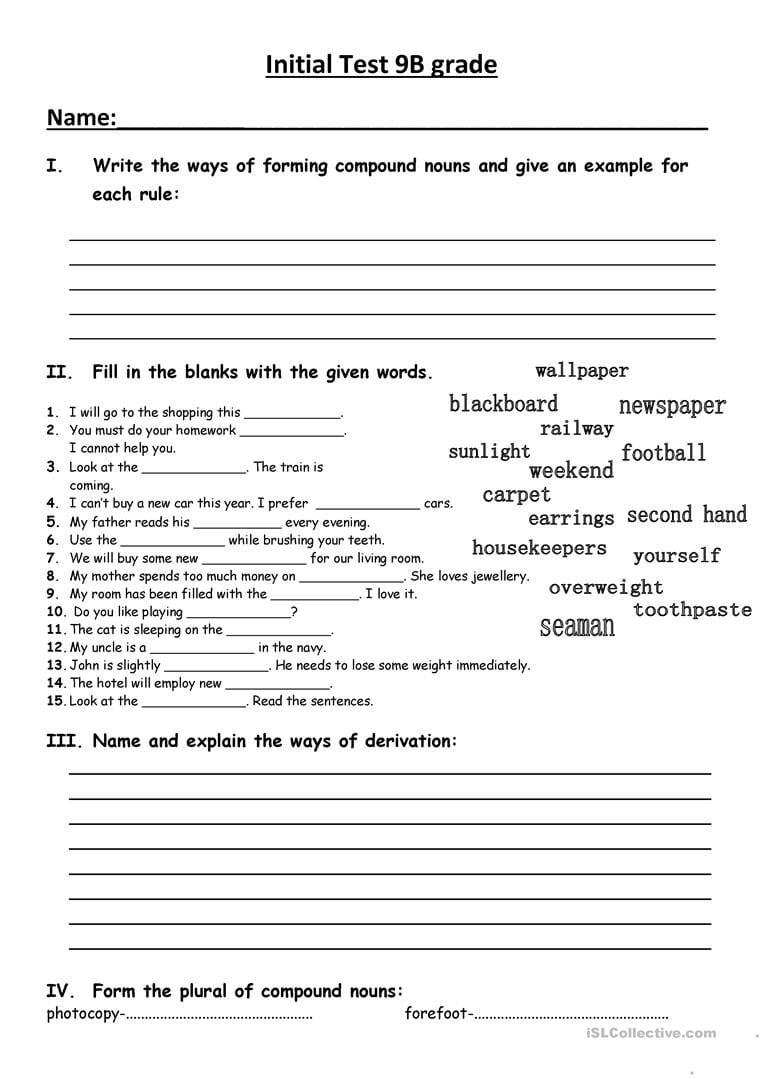 Initial Test For 9Th Grade  English Esl Worksheets And 9Th Grade English Worksheets