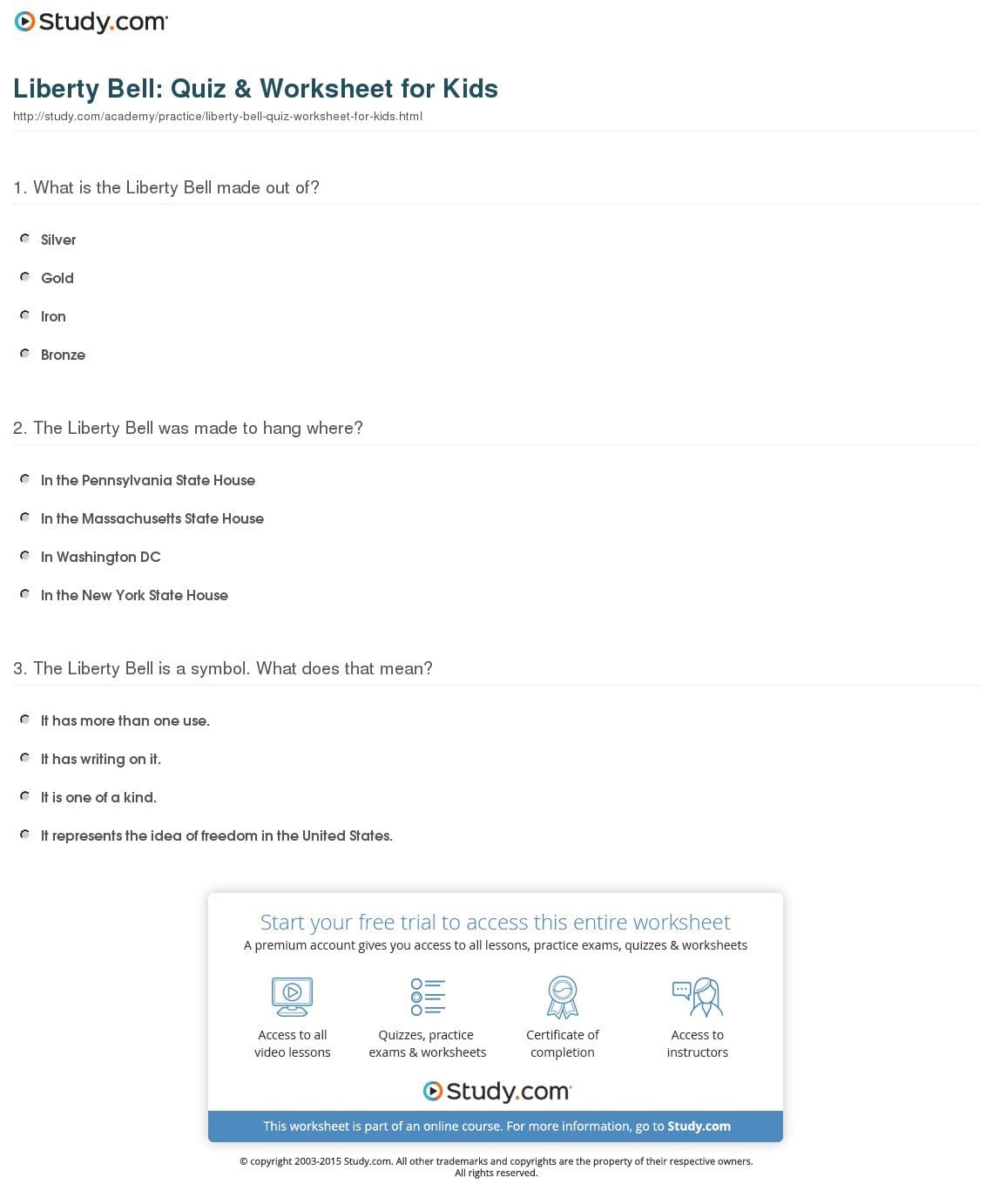Liberty Bell Quiz  Worksheet For Kids  Study With Liberty Kids Worksheets