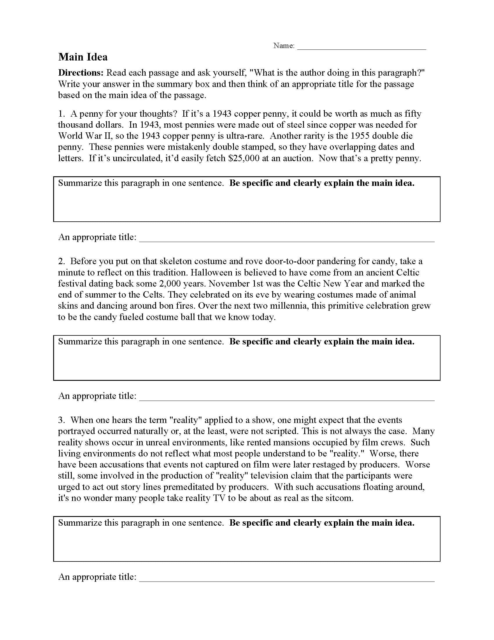 Main Idea Worksheet 1  Preview For Finding The Main Idea Worksheets