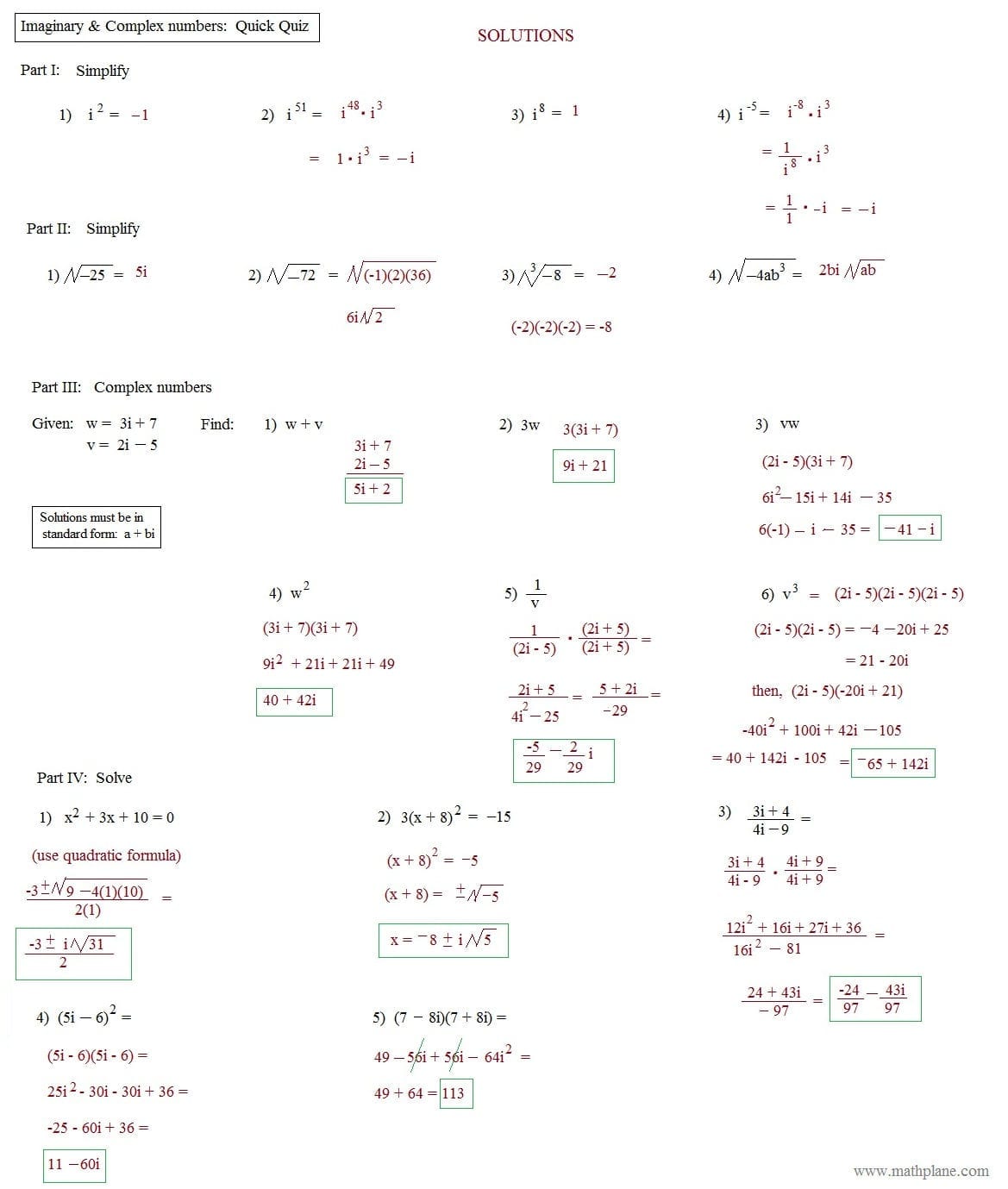 Math Plane  Imaginary And Complex Numbers With Imaginary Complex Numbers Practice Worksheet