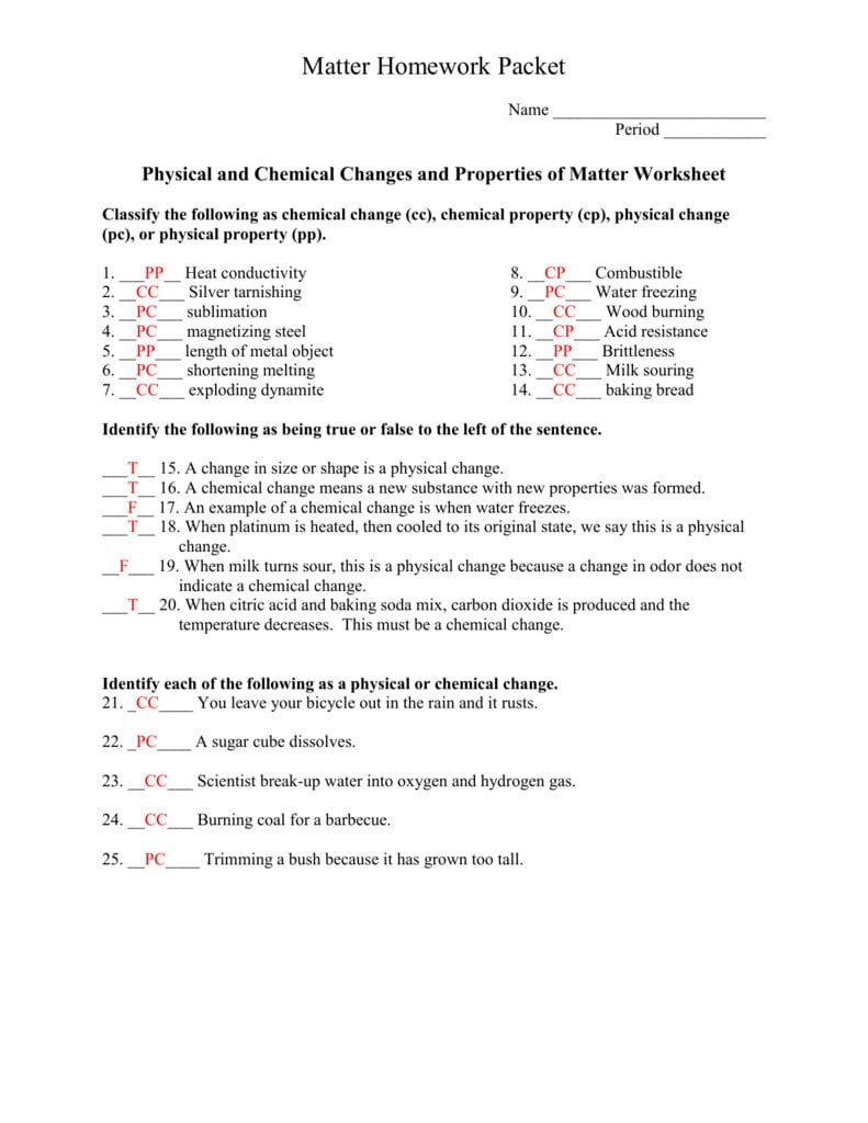 Matter Homework Packetkey For 2 3 Chemical Properties Worksheet Answers