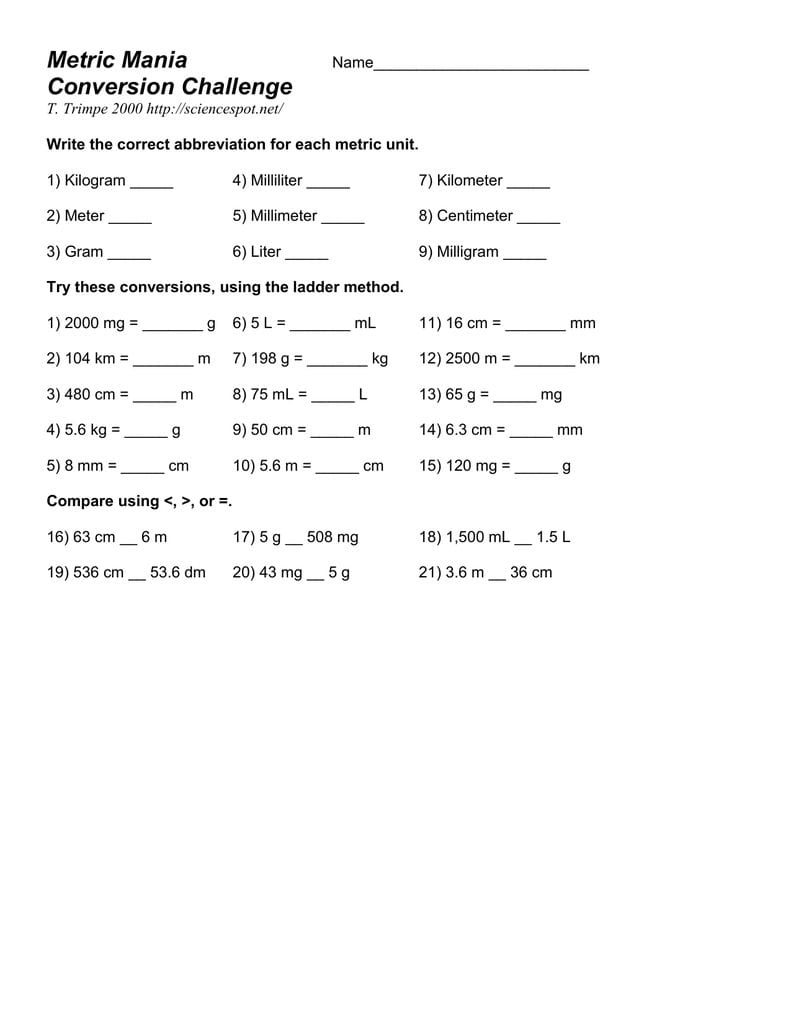 Metric Mania Challenge For Metric Conversion Worksheet 1 Answer Key