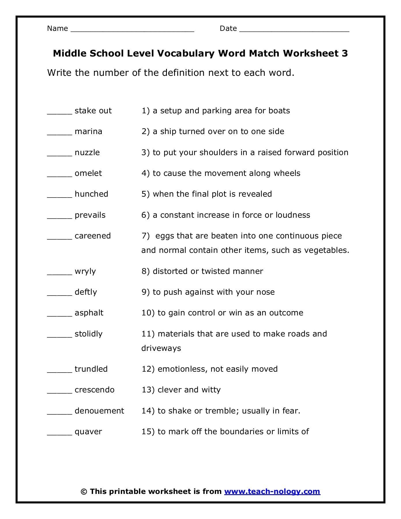 Middle School Level Vocabulary Word Match Worksheet 3 Or Vocabulary Worksheets Middle School