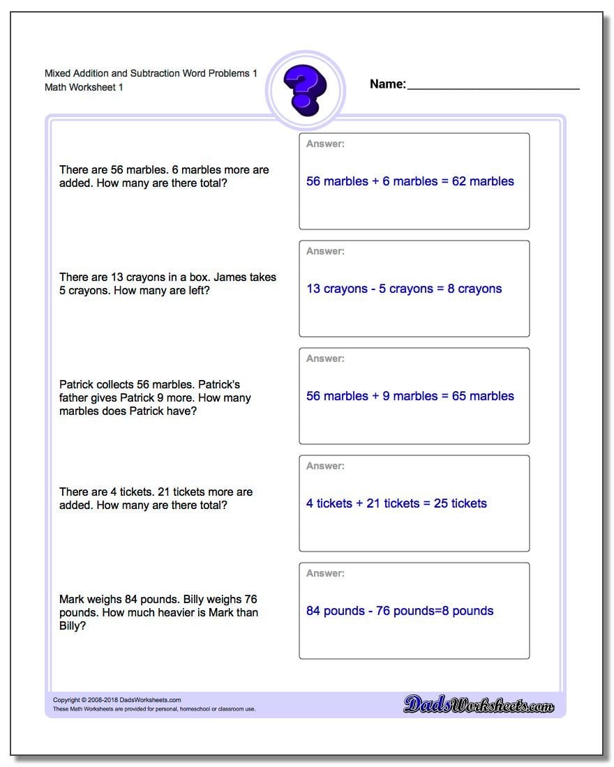 Mixed Addition And Subtraction Word Problems And Std Chart Worksheet