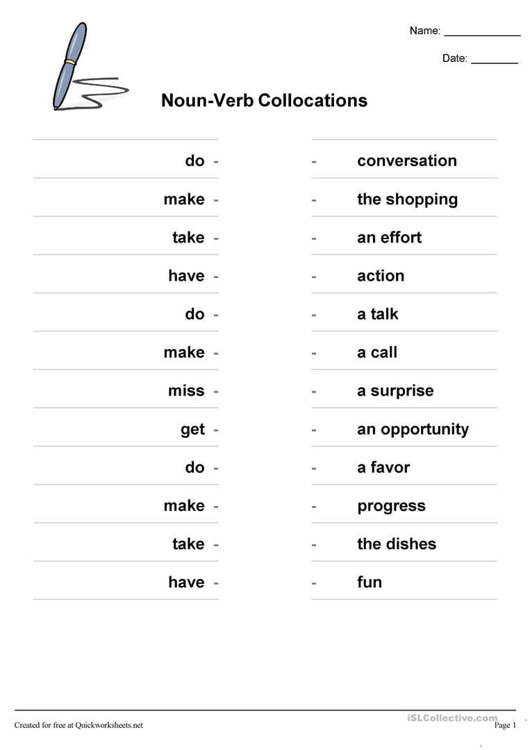 Noun Verb Collocations  English Esl Worksheets Pertaining To Noun And Verb Practice Worksheets