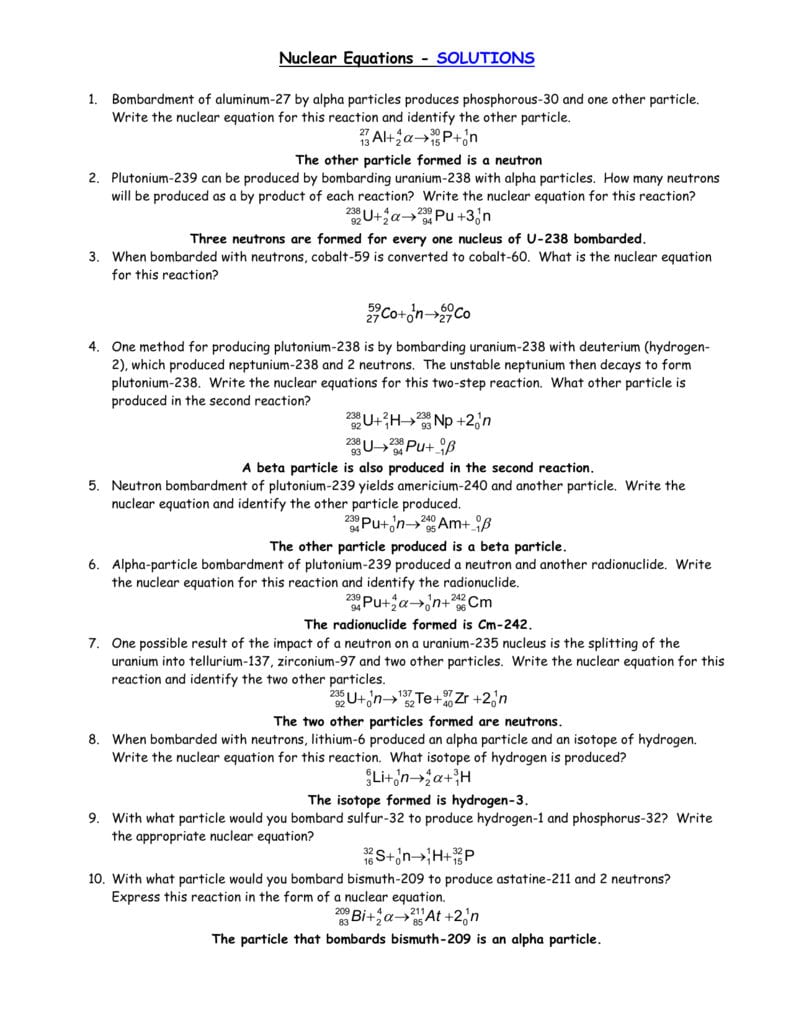 Nuclear Equations Worksheet Intended For Nuclear Equations Worksheet With Answers