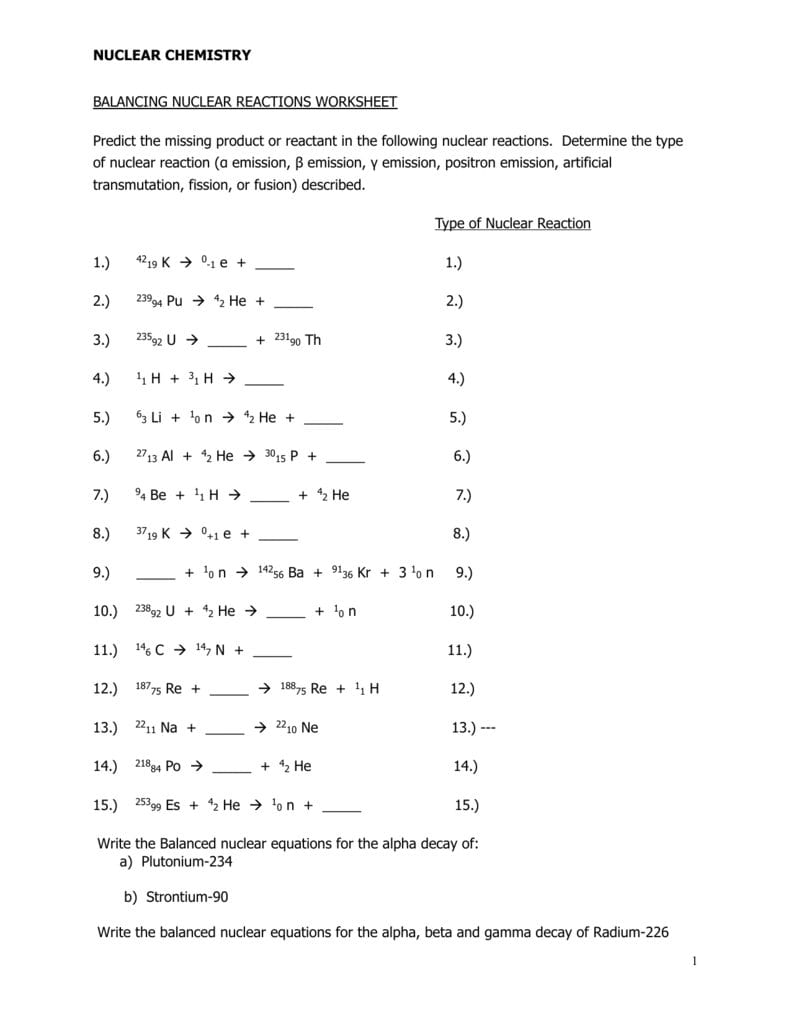 Nuclear Reactions Worksheet 2 Or Nuclear Equations Worksheet With Answers