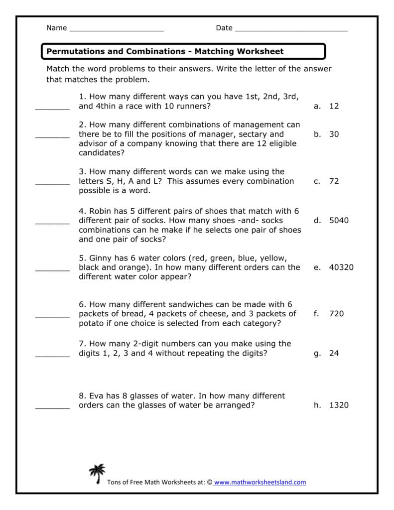 Permutations And Combinations Matching Worksheet Pertaining To Permutations And Combinations Worksheet Answers