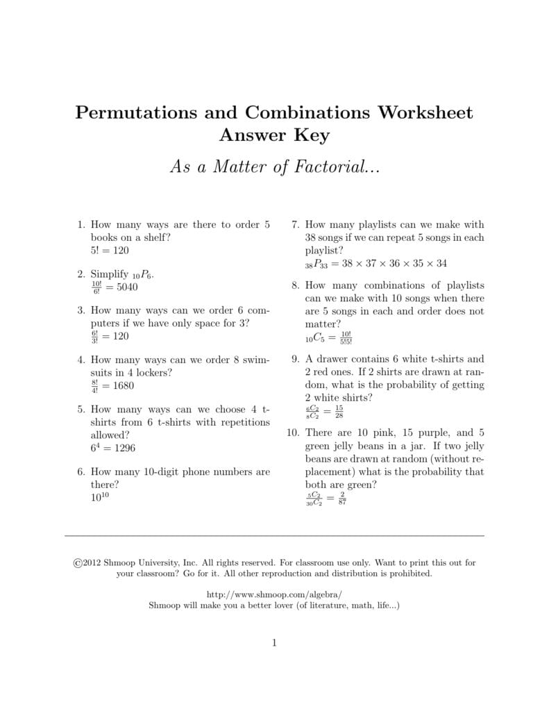 Permutations And Combinations Worksheet Answer Key With Permutations And Combinations Worksheet Answers