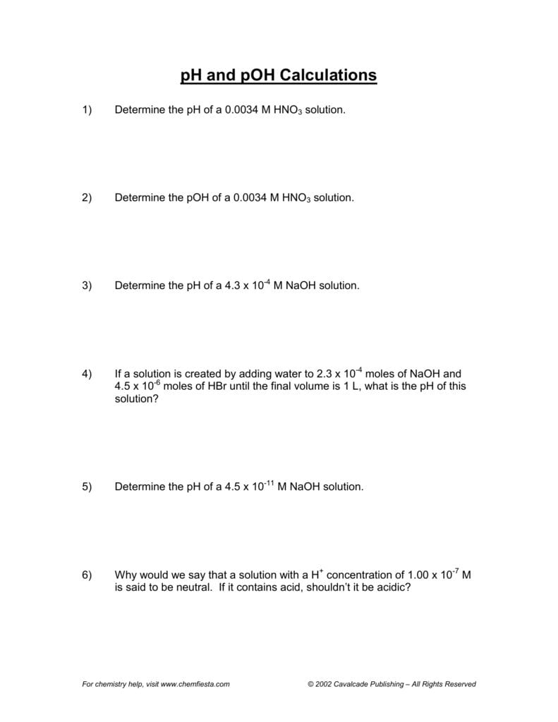 Ph And Poh Calculations Intended For Ph And Poh Calculations Worksheet