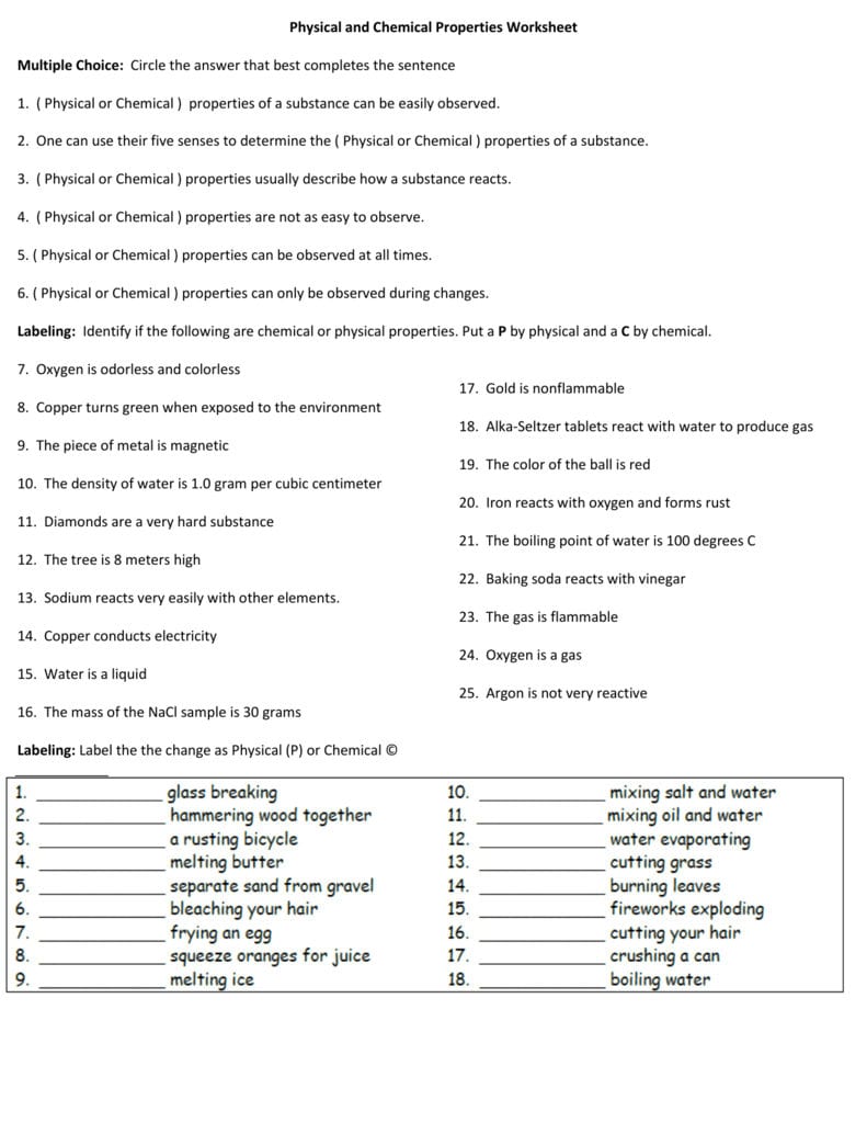 Physical And Chemical Properties Worksheet Along With 2 3 Chemical Properties Worksheet Answers