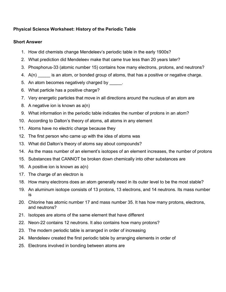 Physical Science Worksheet History Of The Periodic Table Short In History Of The Periodic Table Worksheet Answers