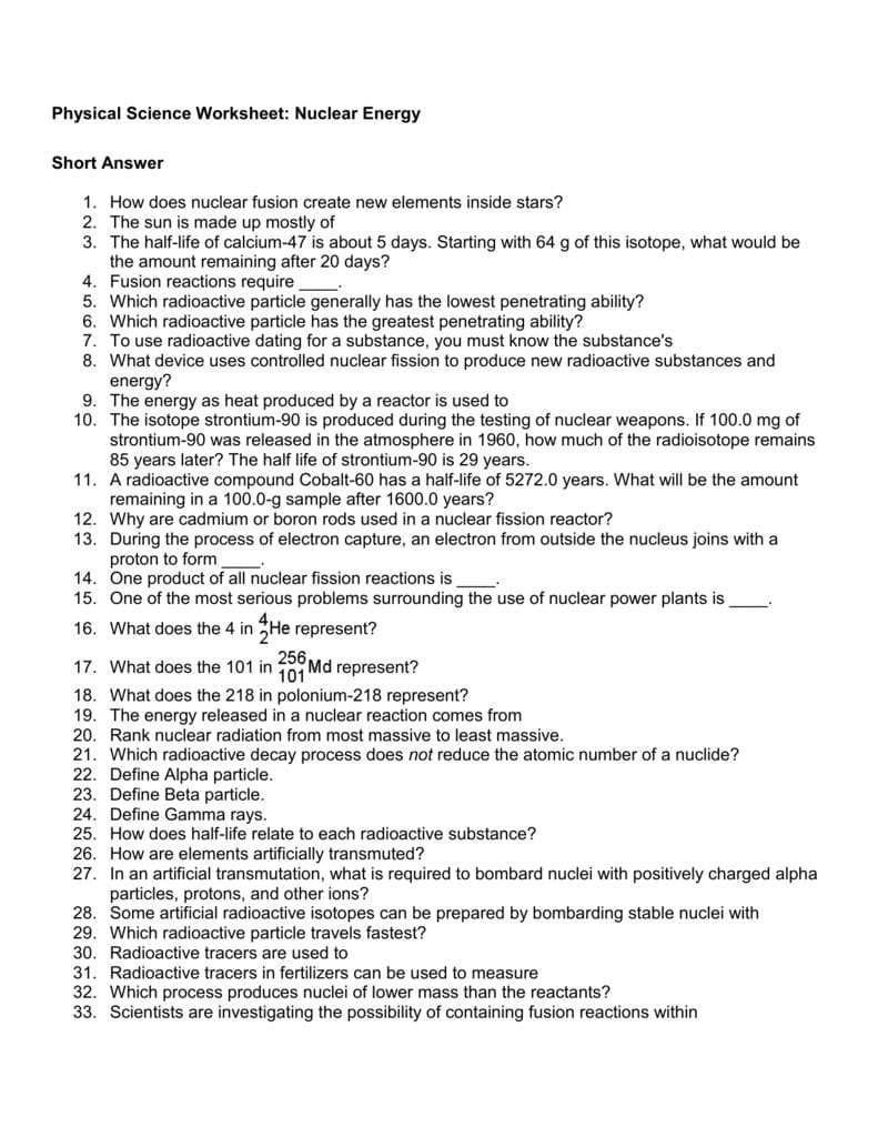 Physical Science Worksheet Nuclear Energy Short Answer 1 How And Science Worksheet Answers