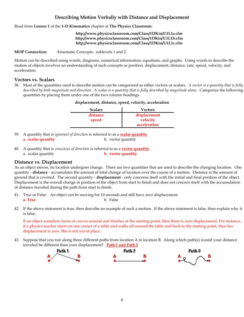 Physics Classroom Worksheets Key Unit 1 Throughout Distance And Displacement Worksheet Answer Key