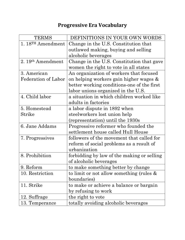 Progressive Era Vocabulary For Progressive Movement Worksheet Answers