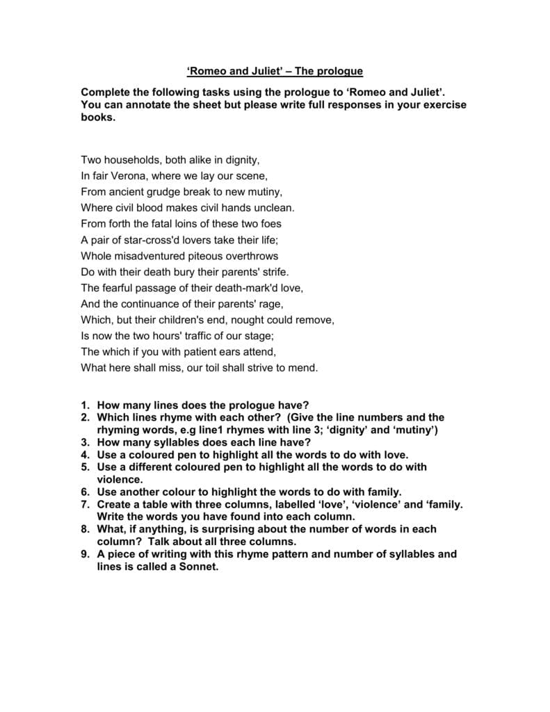 Prologue Version 1 With Romeo And Juliet The Prologue Worksheet