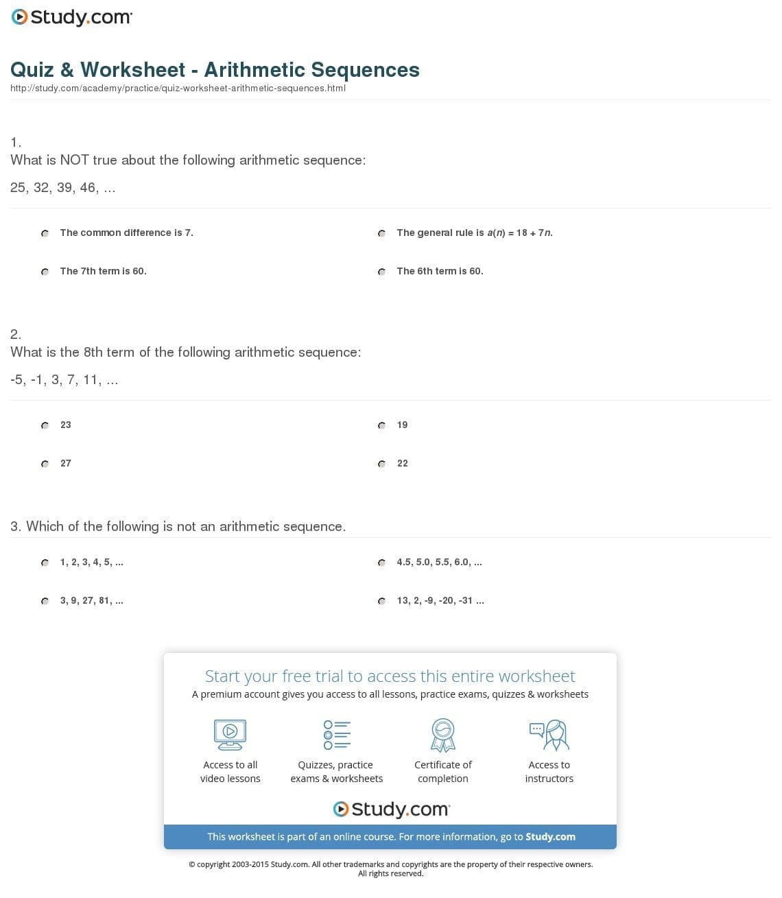 Quiz  Worksheet  Arithmetic Sequences  Study For Arithmetic Sequences As Linear Functions Worksheet