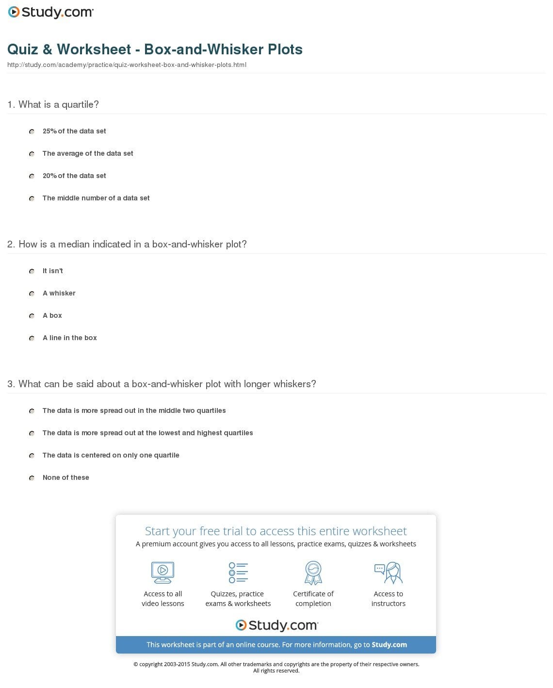 Quiz  Worksheet  Boxandwhisker Plots  Study Intended For Box And Whisker Plot Worksheet 1