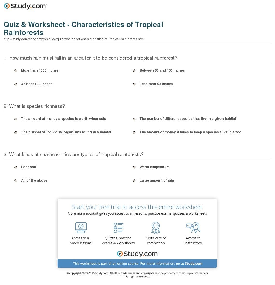 Quiz  Worksheet  Characteristics Of Tropical Rainforests With Tropical Rainforest Worksheet