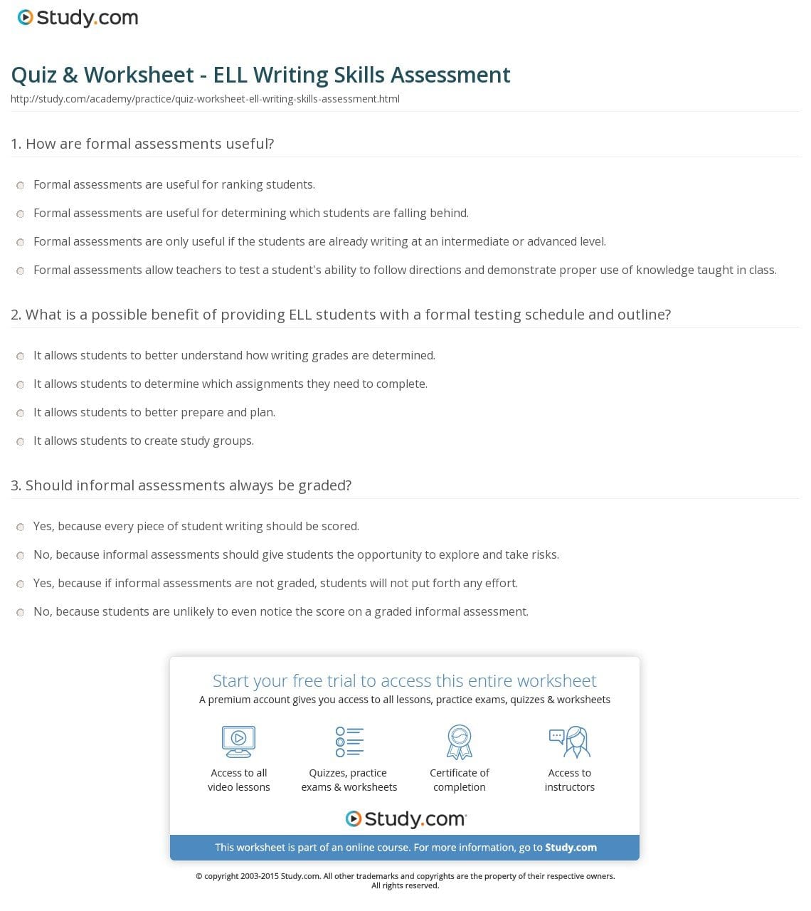 Quiz  Worksheet  Ell Writing Skills Assessment  Study Along With Skills Assessment Worksheet
