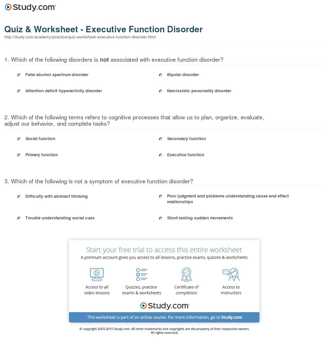 Quiz  Worksheet  Executive Function Disorder  Study As Well As Executive Functioning Worksheets