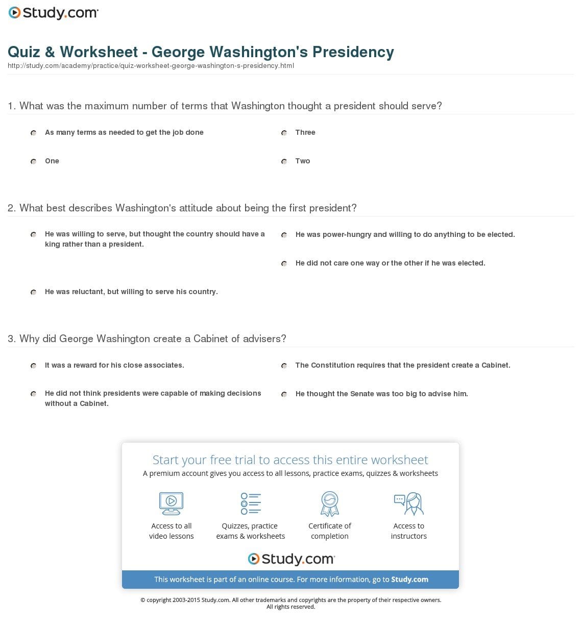 Quiz  Worksheet  George Washington's Presidency  Study For George Washington Worksheets