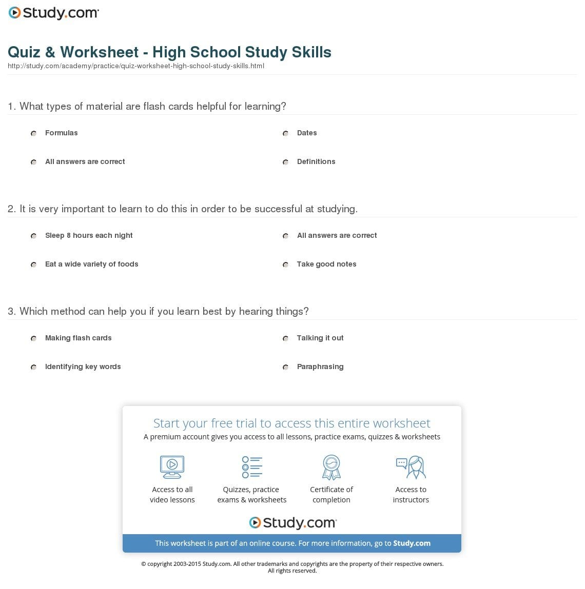 Quiz  Worksheet  High School Study Skills  Study For Study Skills Worksheets