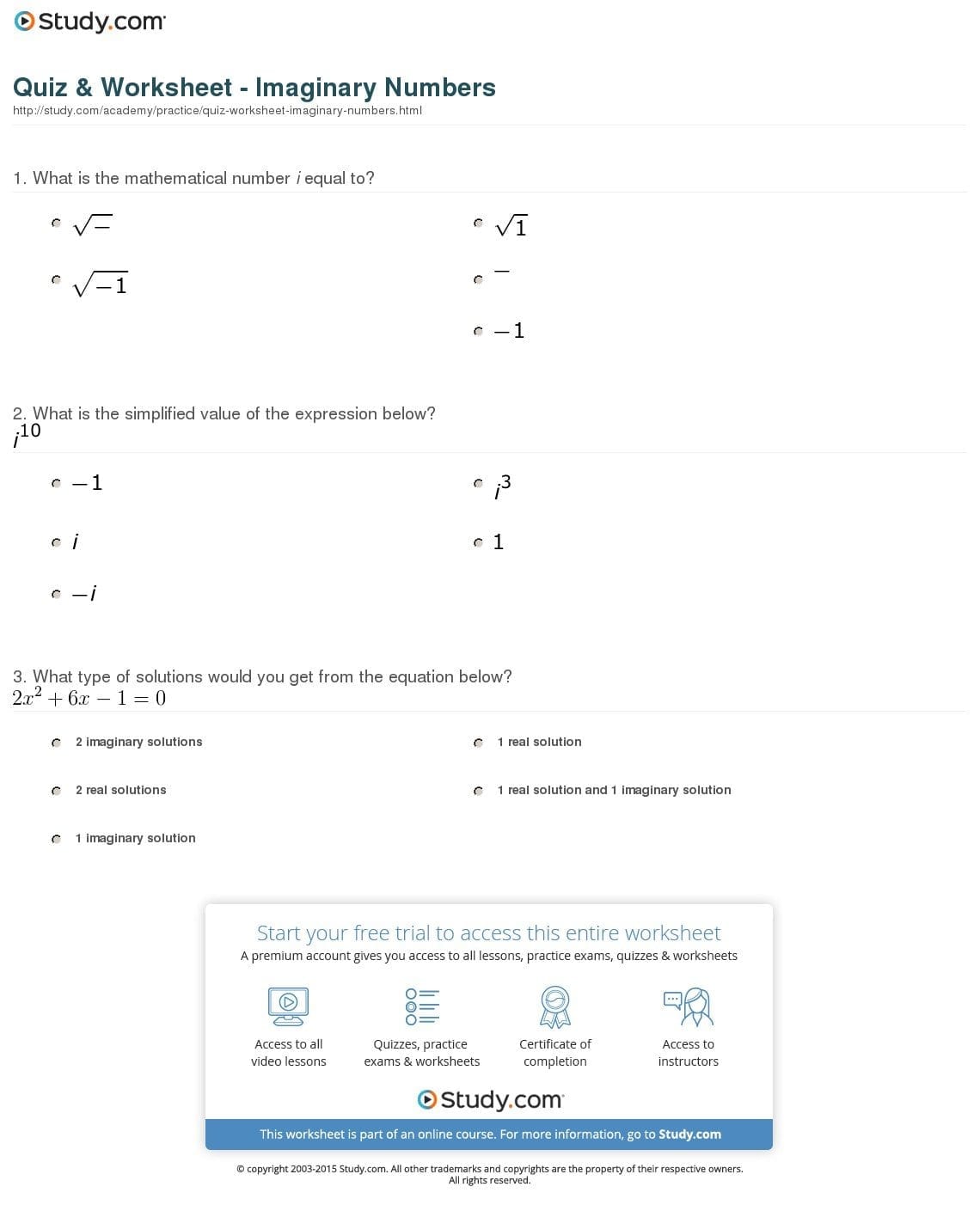 Quiz  Worksheet  Imaginary Numbers  Study Pertaining To Imaginary Complex Numbers Practice Worksheet